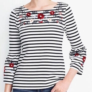J. Crew Womens Embroidered Floral Striped Top Bell Sleeve Black White